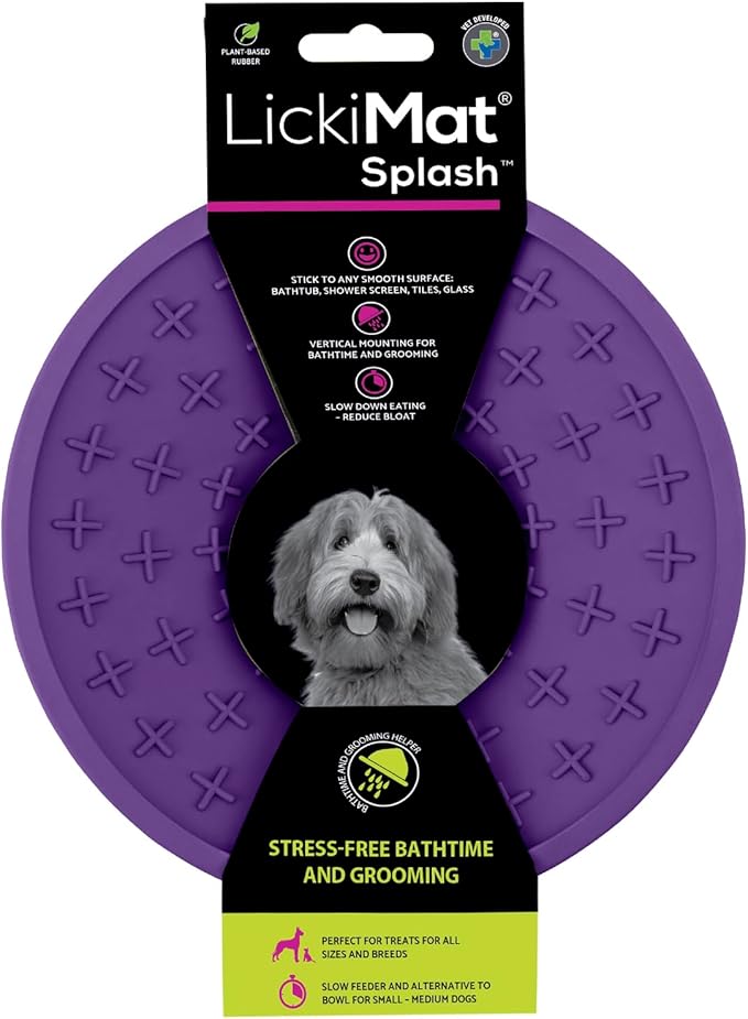 LickiMat Splash, Dog Slow Feeder Bowl Lick Mat, Boredom Anxiety Reducer, Sticks to Smooth Surface; Perfect for Food, Treats, Yogurt, or Peanut Butter. Fun Alternative to a Slow Feed Dog Bowl, Purple