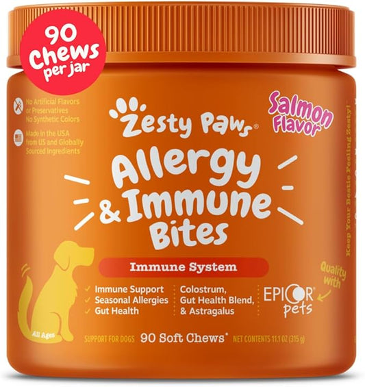 Zesty Paws Dog Allergy Relief Chews, Dog Probiotics for Itchy Skin and Ears, Salmon, 90ct
