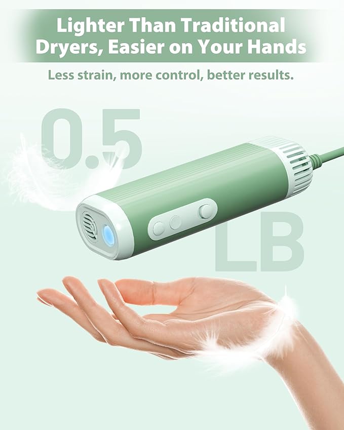 Hands-Free Dog Hair Dryer – Low Noise Pet Grooming Blower for Small & Medium Dogs Cats, Fast Drying, Adjustable Heat & Speed, Portable (Green)