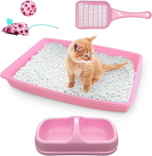 PAWISE Cat Litter Box Set, Small Kitten Starter Kit, Includes Litter Box, Litter Scoop, Double Dish Feeding Bowl, Cat Mouse Toy, Kitty Ball Toy, Pink