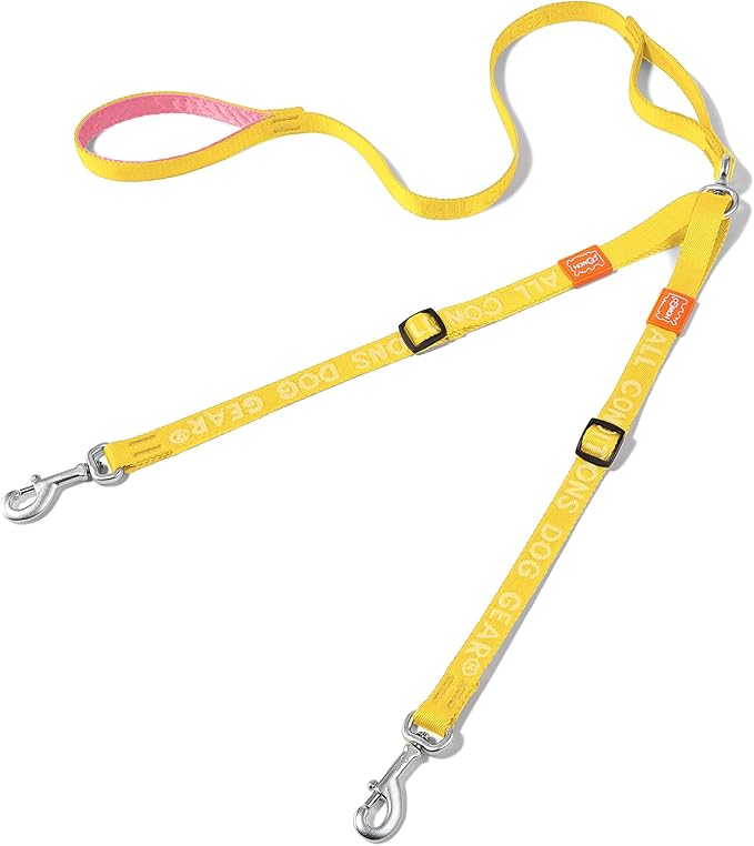 HOWGO Double Dog Leash, No Tangle 360° Swivel, Adjustable Two Padded Handles, Double Clip Dog Leash Coupler Splitter for Large and Medium Breeds (Yellow, 4/5'' x 4.8 FT)