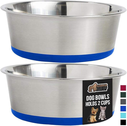GORILLA GRIP Set of 2 Dog Bowls, Heavy Duty Metal Food and Water Bowl for Feeding Dogs and Cats, Dishwasher Safe, Rust Resistant Stainless Steel, BPA Free Rubber Base, Holds 2 Cups (16 fl oz), Blue