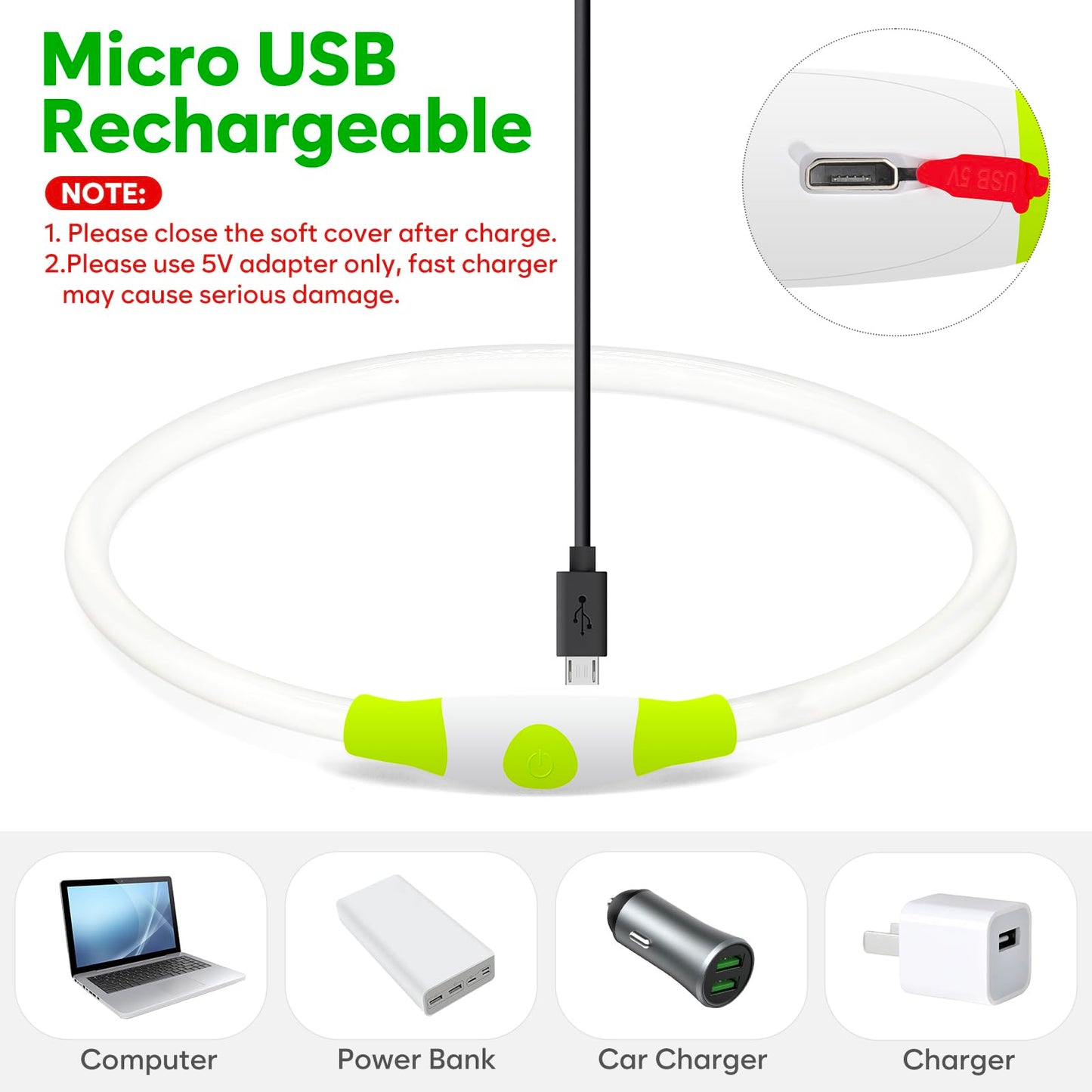 HIGO Light Up Dog Collars, USB Rechargeable LED Dog Collar, TPU Cuttable Dog Glow Collar, High Visibility Puppy Collar Safety Dog Lights for Night Walking(Green)