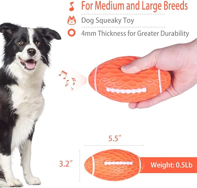 AUSCAT 2PCS Squeaky Dog Football Toy for Aggressive Chewers, Tough Rubber Dog Ball for Medium Large Dogs, Green and Orange, Large, 5.5"