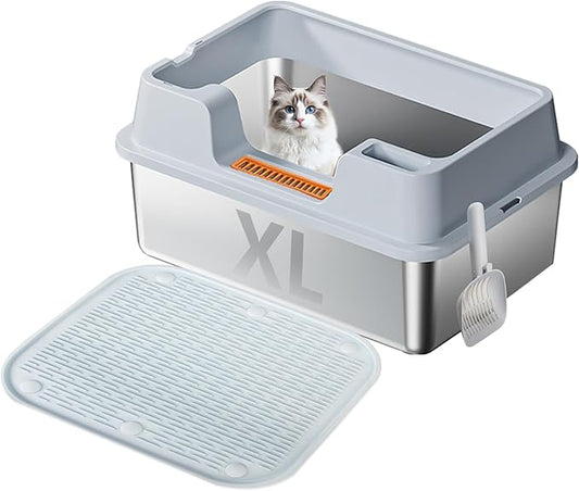 XL Stainless Steel Litter Box with Lid - 23.7"×15.7"×10.6" High Sided Metal Tray for Big/Multi-Cats, Anti-Leak Easy Clean Scoop & Foot Mat (Blue)