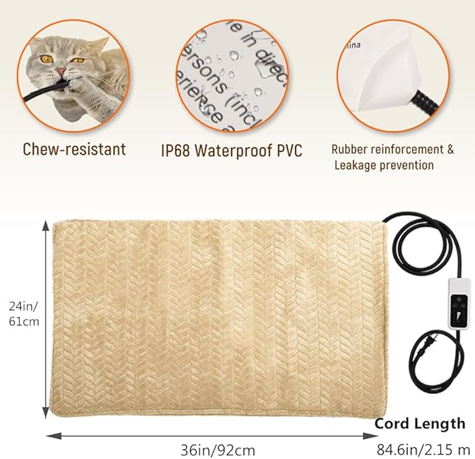 Heeyoo Pet Heating Pad, Adjustable Temperature Dog Cat Heating Pad with Timer, Waterproof Heated Dog Bed with Chew Resistant Cord, Auto Power-Off Indoor Pet Heated Mat for Dogs and Cats