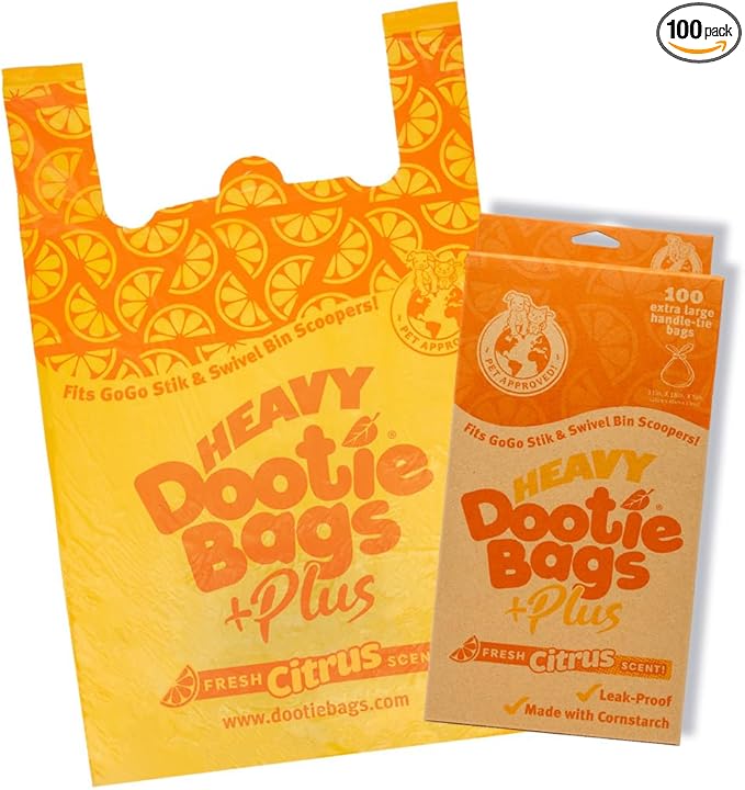 HEAVY Dootie Bags +Plus a Hint of Citrus Scent with EZ Tie Handles. For Pet Dog Poop, Cat Litter. Multi-Use. Fits Swivel Bin and Gogo Stik Scoopers. Made with Cornstarch. Strong, Leakproof, Very Large