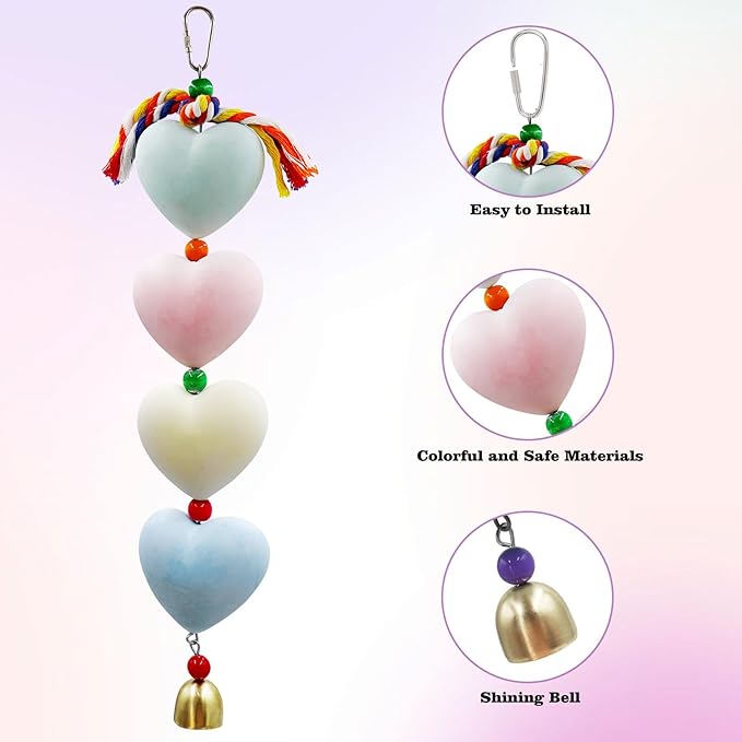 Mineral Chew Toy, Heart Shape Colorful Beaded Bird Toys with Bells | Beak Grinding & Foraging Enrichment for African Grey, Amazon Parrots, Budgies, Cockatiels, Conures