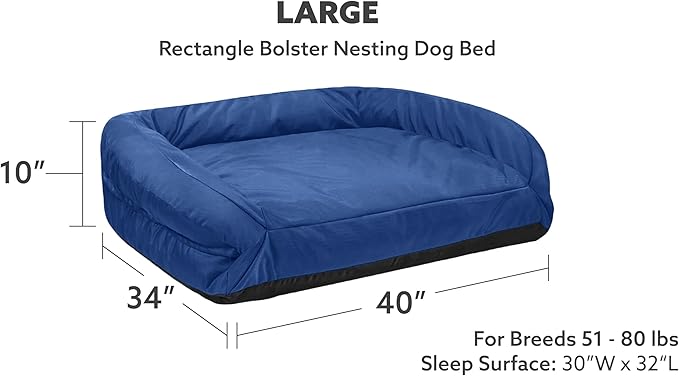 K9 Ballistics Tough Bolster Nesting Pillow Large Sofa Dog Bed with Removable Washable Cover - Durable, Water Resistant with Nonskid Bottom 40"x34", Blue Quartz