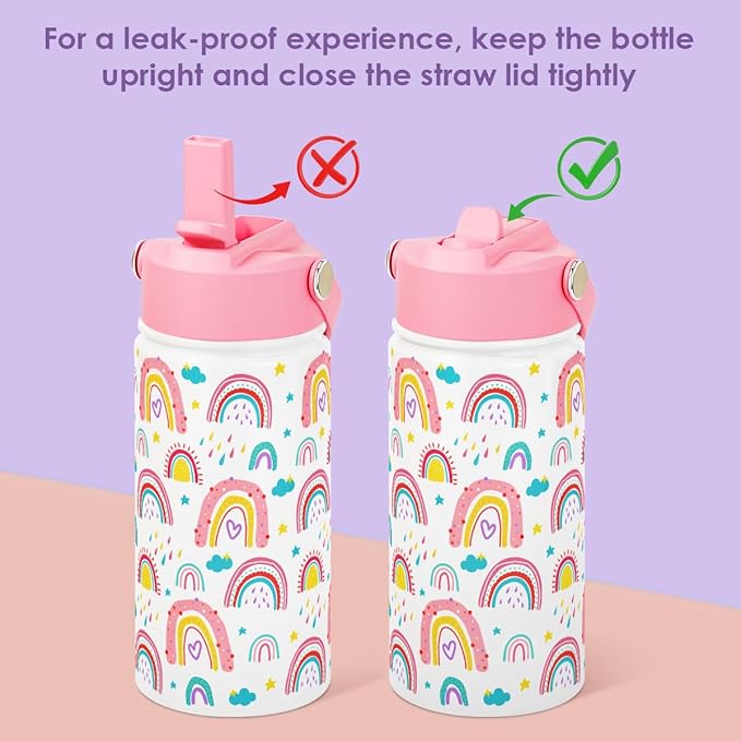 Kid Water Bottle 12oz with Straw Lid - 2-Pack Insulated Stainless Steel Water Bottles for Kids Girls - Travel Cup for School Sports, Rainbow & Mermaid