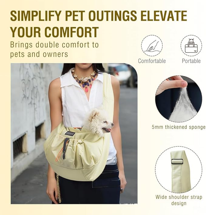 Dog Carrier Sling - Extra Wide Padded Shoulder Straps, Adjustable Hands-Free Small Dog Camier, Ergonomic Design for Travel and Daily Walks, for Small Dogs and Cats 12 lbs, (Buff)