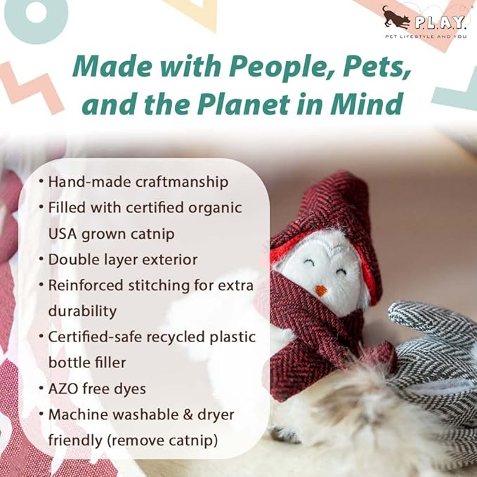 P.L.A.Y. Cute Cat Toys - Holiday & Christmas Themed Organic Catnip Filled Toy, Great for Adult Cats and Kittens - Machine Washable, Recycled Materials, Rattles, Crinkles, Feathers (Blissful Birdie)