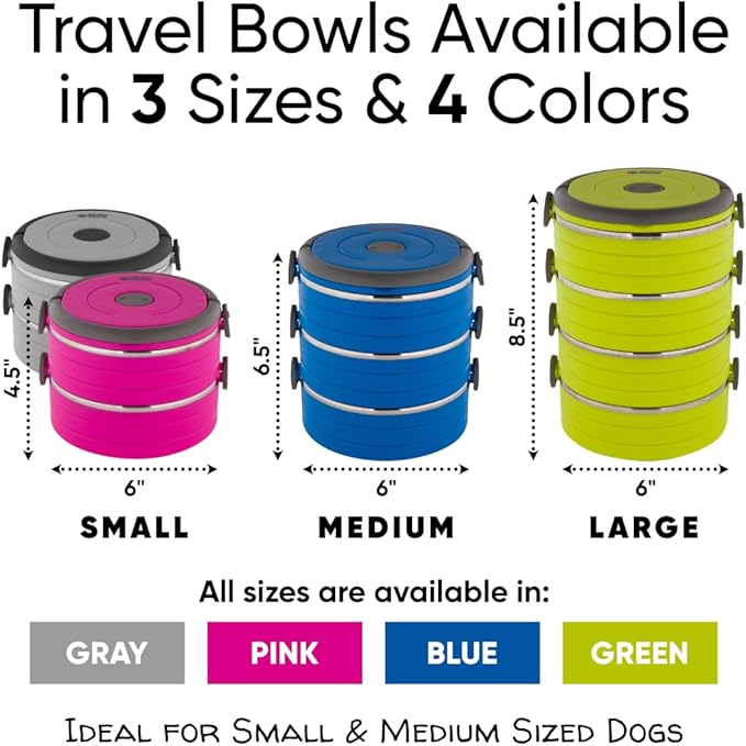 Healthy Human Travel Pet Bento Bowls - Human-Grade Stainless Steel & BPA-Free, Leak-Proof Water & Food Container Set for Dogs & Cats, 3-Pack Interlocking Bowls, Includes Spare Clips & Handle (Gray)