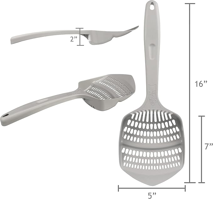 KittyGoHere Senior Cat Litter Box 1 Pack, Small Misty Gray Low Entrance Kitty Litter Box, Sized for Cats Comfort, Perfect for Senior and Arthritic Cats, Made in USA – Includes Long-Handle Jumbo Scoop