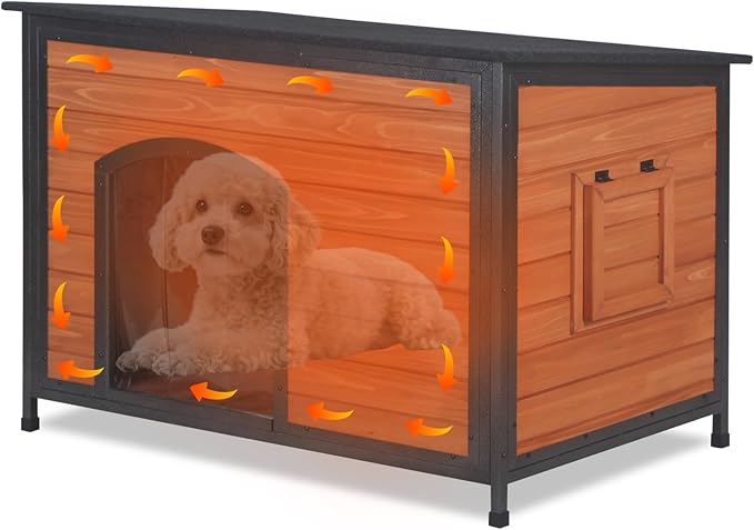 Insulated Dog House Outdoor Weatherproof, Wooden Warm Houses with Upgrade Anti-Chewing Iron Frame Dog Shelter for Puppies
