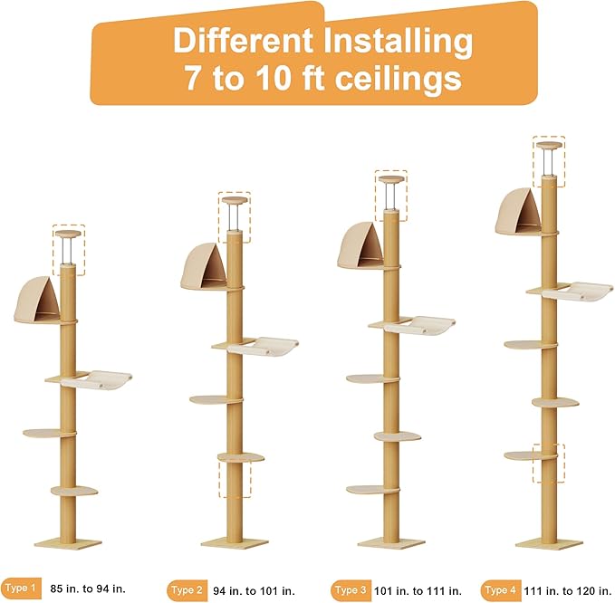 FUKUMARU Floor to Ceiling Cat Tree, 6 Level Adjustable Height (6-10 ft) Climbing Tower with Thickened Scratching Posts, Cats Activity Center with Cozy Hammock - Beige