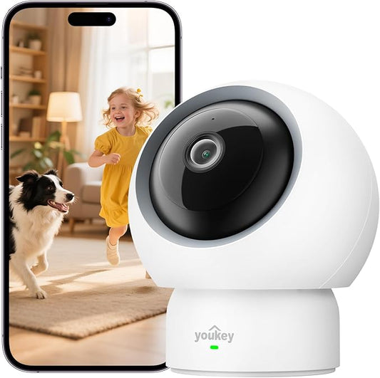 youkey Indoor Camera, No Monthly Fees, Pan & Tilt, 2.5K Security Camera with 2.4/ 5GHz WiFi 6, Bluetooth Pairing, Human/Pet/Baby Crying Detection, Two-Way Talk, Night Vision, P310