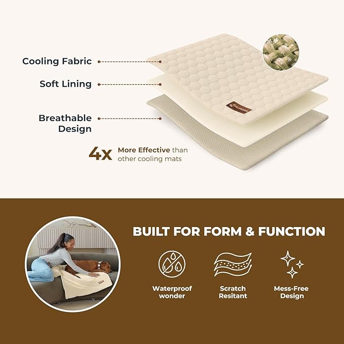 Pelsbarn Dog Cooling Mat- Ice Silk Summer Comfort, Self Cooling, Non-Slip Dog Pad, Durable & Washable, Mat for Medium Dogs 50x65 cm, Support Shelter Dogs with Every Purchase (Beige)