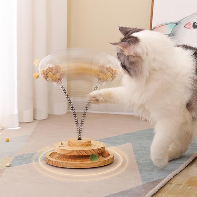 Marchul Cat Ball Toy with Treat Ball, KittenTreat Dispenser Toy with Roller Track Catnip Balls, Interactive Cat Toys Wooden for Indoor Kitten, Food Toy with Automatic Slow Feeder