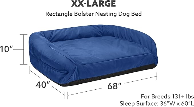 K9 Ballistics Tough Bolster Nesting Pillow X-Large Sofa Dog Bed with Removable Washable Cover - Durable, Water Resistant with Nonskid Bottom 54"x38", Blue Quartz