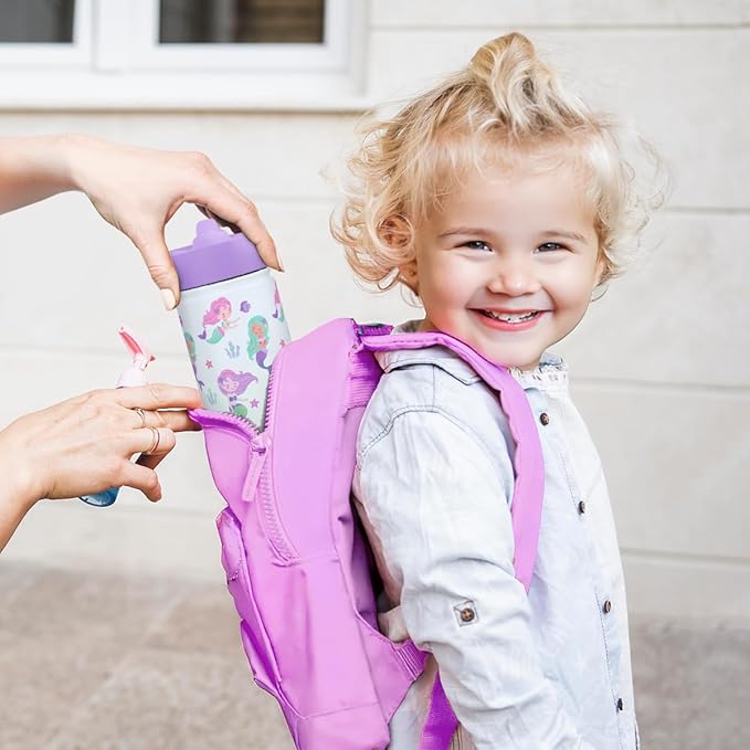 Kid Water Bottle 12oz with Straw Lid - 2-Pack Insulated Stainless Steel Water Bottles for Kids Girls - Travel Cup for School Sports, Rainbow & Mermaid