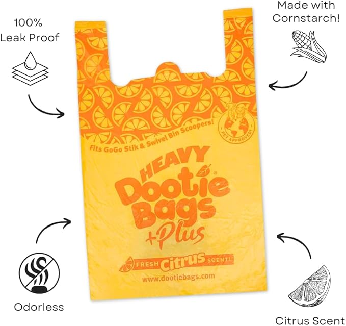 HEAVY Dootie Bags +Plus a Hint of Citrus Scent with EZ Tie Handles. For Pet Dog Poop, Cat Litter. Multi-Use. Fits Swivel Bin and Gogo Stik Scoopers. Made with Cornstarch. Strong, Leakproof, Very Large