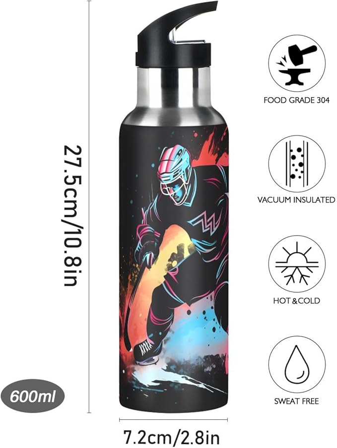 Hockey Player Water Bottle with Straw Lid Kids Insulated Stainless Steel Water Flask Sports, 20 Oz Hot Cold