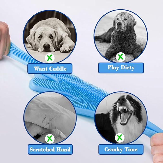 Pet Grooming Gloves Pet Hair Remover Cat, Dog Washing Gloves Silicone Heat Resistant Cleaning Gloves with High-Density Teeth Grooming Gloves for Dogs, Cats, Horses, Rabbits (2 Pairs - Blue)