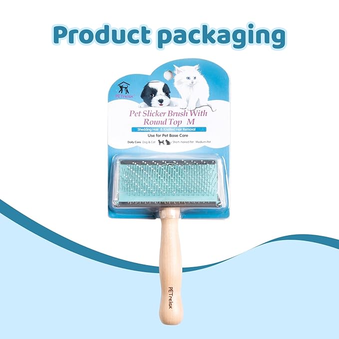 Pin Brush for Dog & Cat,Grooming Brush for Shedding, Dematting, Bath, for Long/Short Hair, Poodles, Indoor Cats, Wooden Handle, with Angled Stainless Steel Pins and Coated Tips