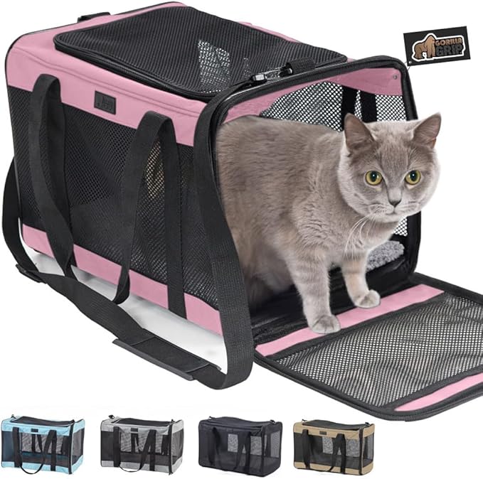 GORILLA GRIP Cat Carrier Travel Bag Up to 15 Lbs, Soft Collapsible Small Dog Carriers, Top and Side Entry Breathable Mesh, Grip Feet on Underside, Cozy Washable Waterproof Pad, Portable Kennel, Pink
