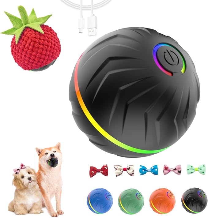 T01 Interactive Dog Toys Dog Ball,Anti Boredom Dog Toys,Durable Motion Activated Automatic Rolling Toys for Small/Medium Dogs,Moving Ball for Dogs to Keep Them Busy,Dog Bows,Fruity Plush Covers(Black)