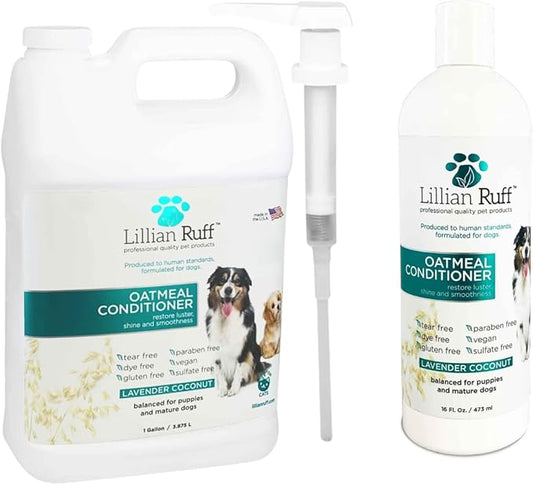 Lillian Ruff Calming Oatmeal Pet Conditioner for Dry Skin & Itch Relief with Aloe & Hydrating Essential Oils - Replenish Moisture & Deodorize - Dog Conditioner Normal/Sensitive Skin (Gallon & Pump)