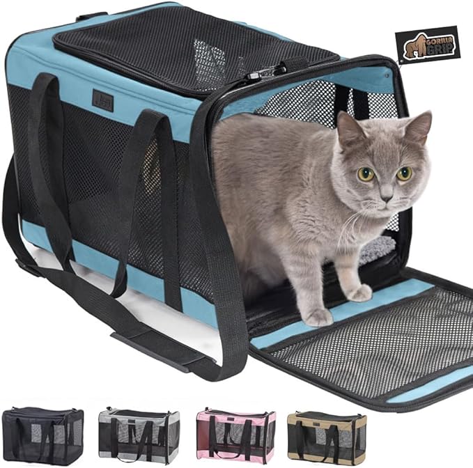 GORILLA GRIP Cat Carrier Travel Bag Up to 15 Lbs, Soft Collapsible Small Dog Carriers, Top and Side Entry Breathable Mesh, Grip Feet on Underside, Cozy Washable Waterproof Pad, Portable Kennel, Blue