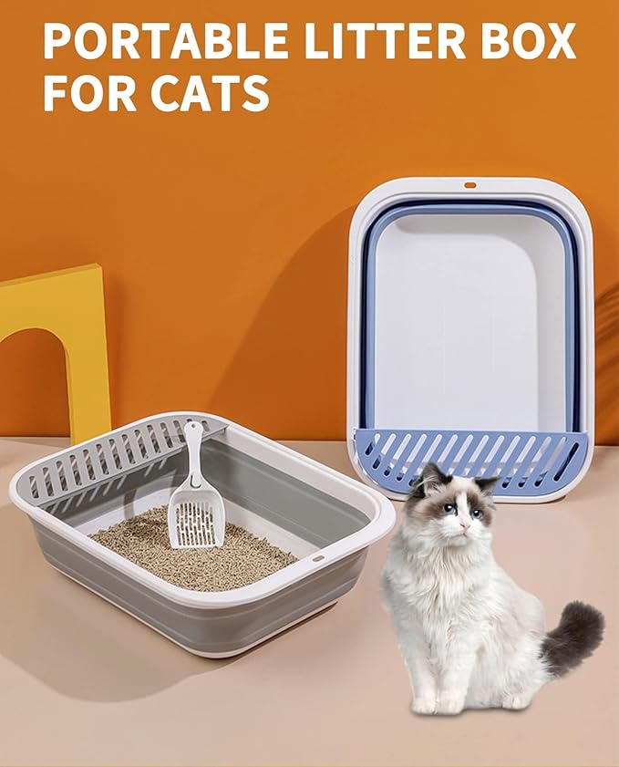 BNOSDM Collapsible Small Cat Litter Box for Kittens Open Potty Pan Foldable Cat Toilet with Scoop Senior Kitty Travel Shallow Litters Boxes Anti-Splash Waterproof Blue 17.7"×13.4"