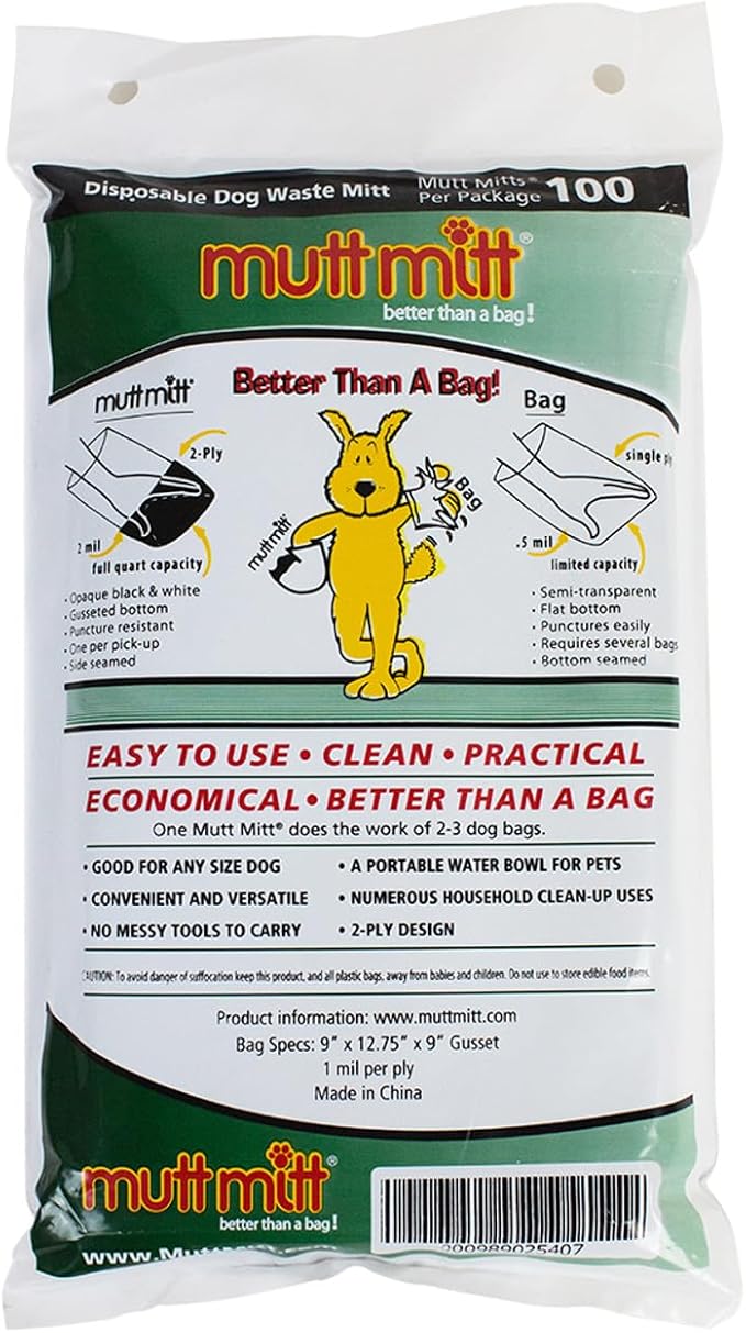Mutt Mitt® New Listing, Same 100 White & Black 2-Ply Dog Waste Bags on 1 Dog Waste Bag Station Header - 300% Thicker than mini roll dog waste bags - no more warm & yuck feeling