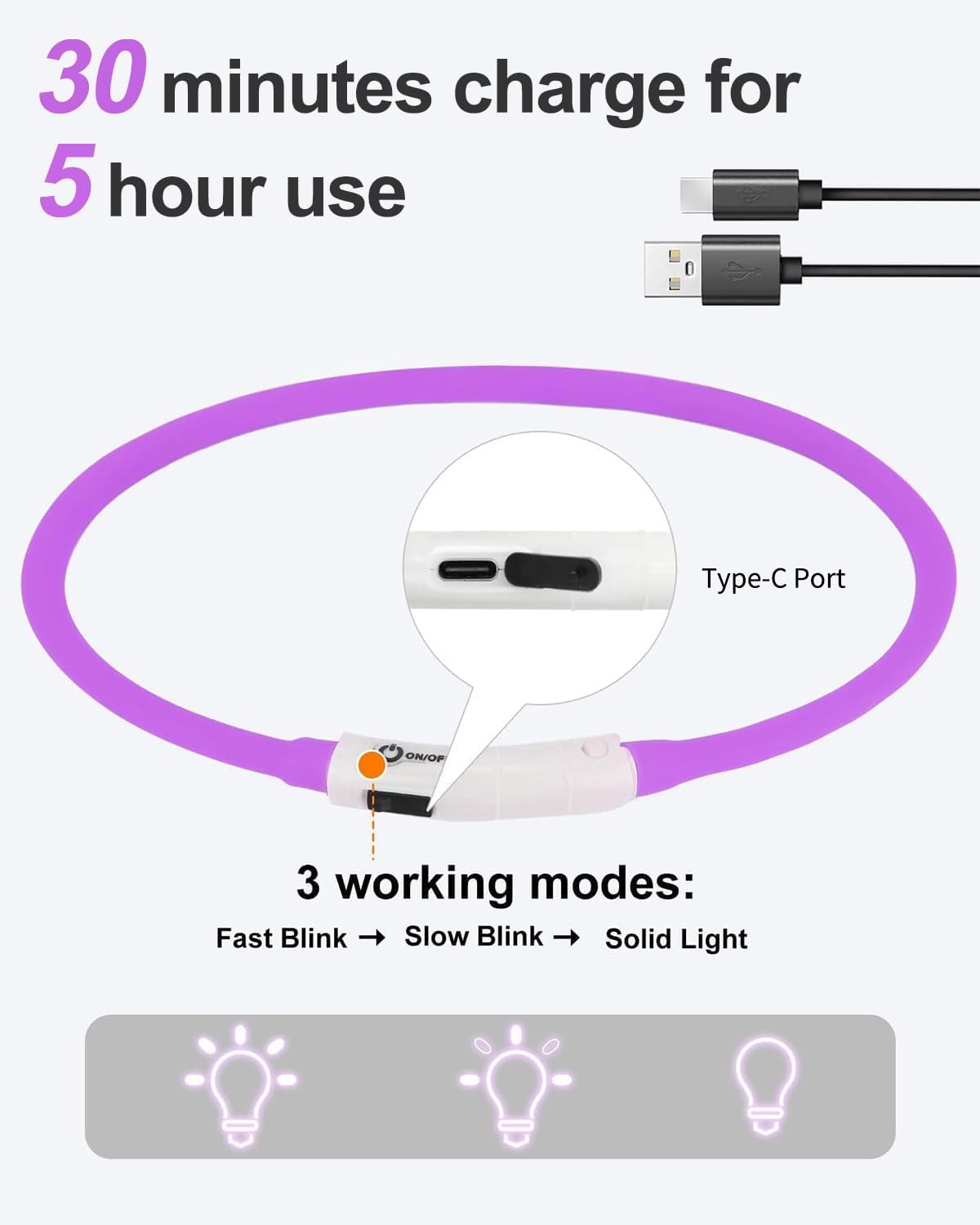 Joytale Light Up Dog Collar, Rechargeable Rainproof LED Collar for Night Walking Safety, Soft Silicone Glow in The Dark, Suitable for Small Medium Large Dogs, Purple