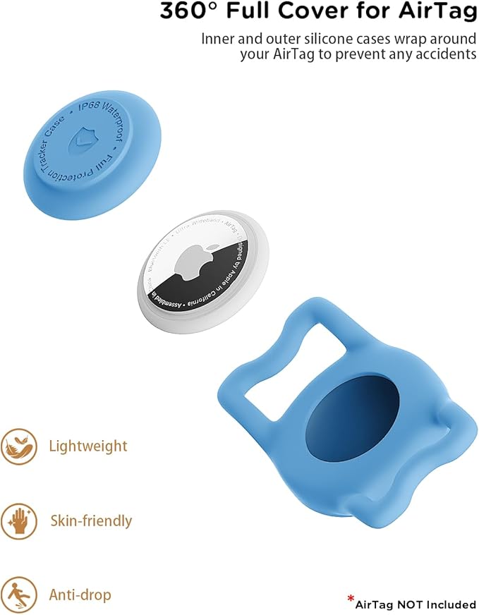 IP68 Waterpoof Dog Airtag Holder, Stretchy Silicone Full Body Covered Apple Air Tag Holder for Dog Cat Collar Fit All Width Collar (Blue, 1 Pack)