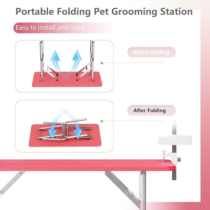VFK 47'' Large Dog Grooming Table Stainless Steel Foldable Grooming Table for Dogs at Home Adjustable Height Arms Pet Station with Nooses, Mesh Tray, Tool Organizer