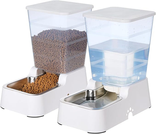 Automatic 5.4L/1.4Gal Pet Waterer, Automatic Dog Water Dispenser Gravity Stainless Steel Water Feeder, Large Capacity Feeding Bowls for Cats and Medium & Large-Sized Dogs (White, Food+Water)