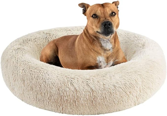 Friends Forever Serena Donut Memory Foam Orthopedic Dog Bed, Soft Faux Fur Oval Cat Couch For Indoor Pet, Fluffy Calming Plush Shag, Round Bolster Cushion, Machine Washable Cuddler, Tan, 36"x27"x7.5"