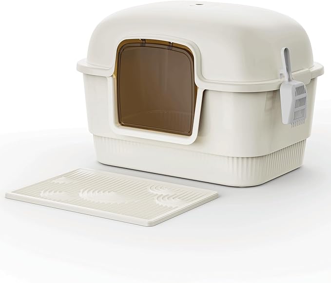 Cat Litter Box with Litter Mat and Scoop,High Wall Enclosed Cat Litter Boxes for Anti-Leakage, Covered Kitty Litter Box with Handle and Buckles for Portability and Privacy, Odor Control (White)