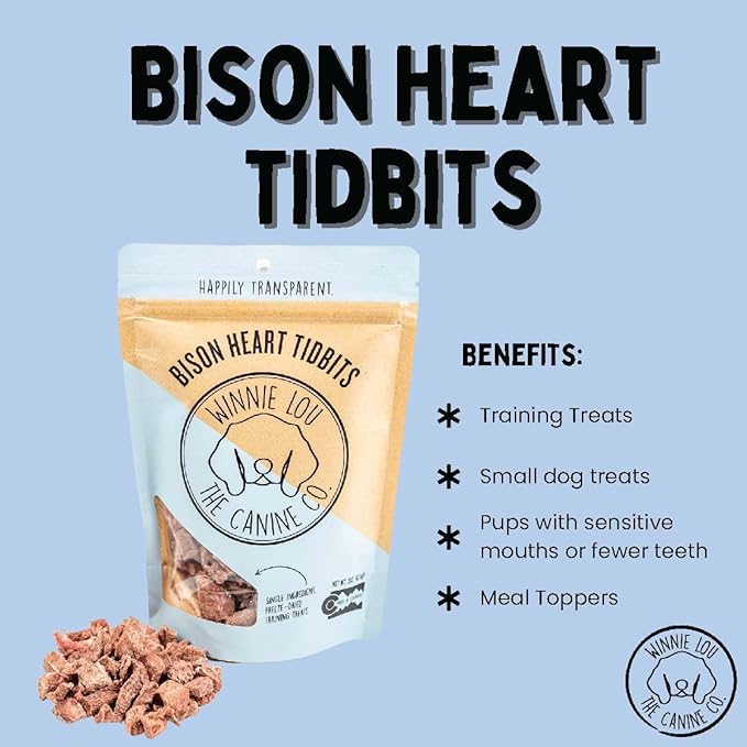 Freeze Dried Bison Heart Tidbits - Single Ingredient, Human-Grade, No Artificial Flavors or Fillers, Perfect for Training (Pack of 1)