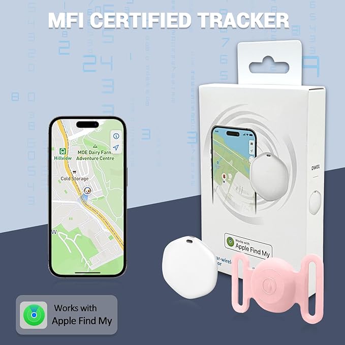 GPS Tracker for Dogs, Mini GPS Cat Tracker, IPX8 Waterproof GPS Tracker for Cats with Holder, No Monthly Fee, Work with Apple Find My(iOS Only), Smart Trackers for Dogs Finder Trackers Pets(Pink)