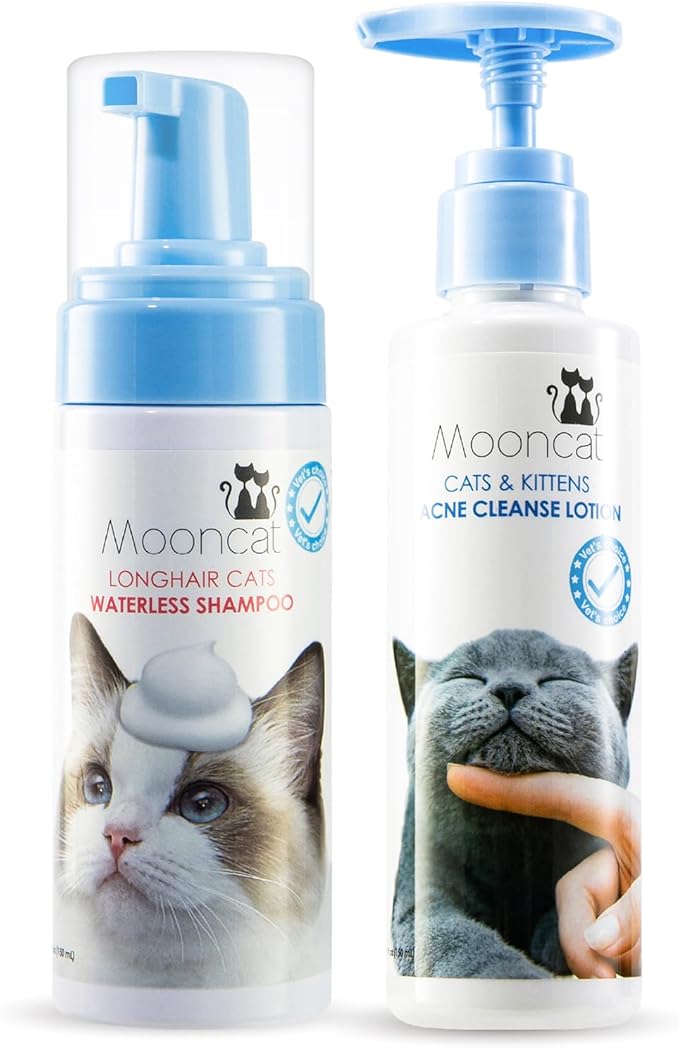 Mooncat Complete Cat Skin & Coat Care Bundle – Waterless Cat Shampoo (5oz) + Cat Acne Chin Treatment Lotion (150ml) | Licking Safe, Detangling Foam Bath for Longhair Cats, No-Rinse, Paraben-Free, pH B