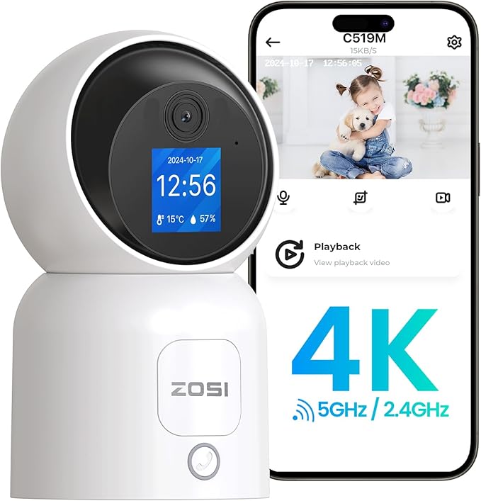 ZOSI 4K Pan/Tilt Smart Security Camera Indoor,Plug in 2.4/5GHz WiFi Camera,2 Way Video, Motion Tracking,8MP Baby/Pet Dog Monitor with Phone app, C519M8 360°View Home Cam, Cloud & Memory Card Storage