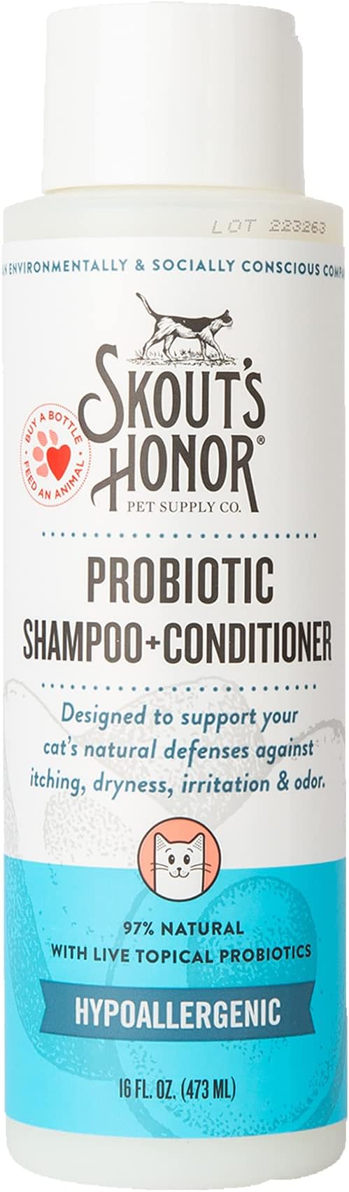 Skout's Honor Unscented Probiotic Cat Shampoo & Conditioner with Avocado Oil & Omega-3s, 97% Natural, Paraben & Sulfate-Free, Cruelty-Free, 16oz, Fragrance Free
