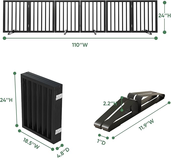 Freestanding Foldable Dog Gate - Indoor/Outdoor Pet Gate with Metal Support Feet - Room Divider, 6 Panels (Black)