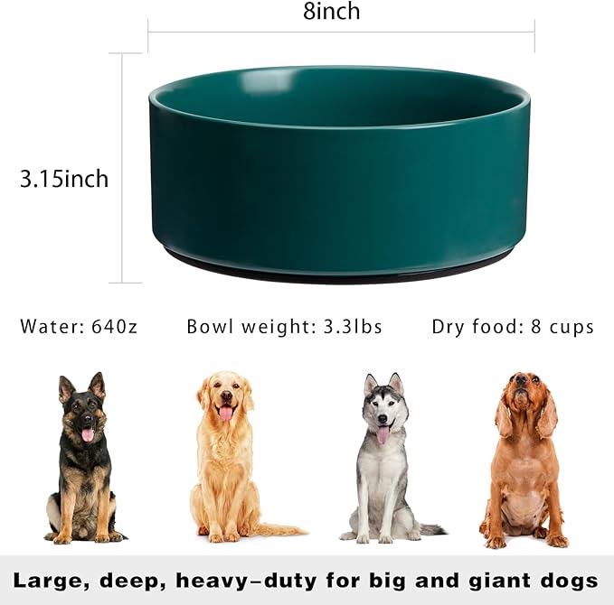 Large Dog Bowls, Non Slip Heavy Ceramic Dog Food and Water Bowl with Silicone Base, 8" Pet Feeding Bowl for Small, Medium, and Big Dogs (Green, 8 Inches)