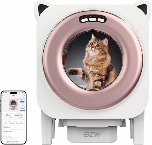 BZW Automatic Cat Litter Box, Self Cleaning Litter Box Large Capacity for Multiple Cats with App Control and Safety Protection, 1 Roll Garbage Bags, Rose Gold