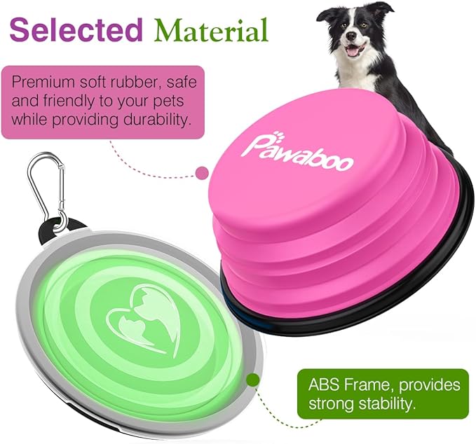 Pawaboo Collapsible Dog Bowls 2 Pack, Silicone Feeding Watering Bowls with Lids & Carabiners for Dogs Cats, Portable Water Feeder Food Bowl for Walking Traveling Home Use, 1000ml, Pink + Green